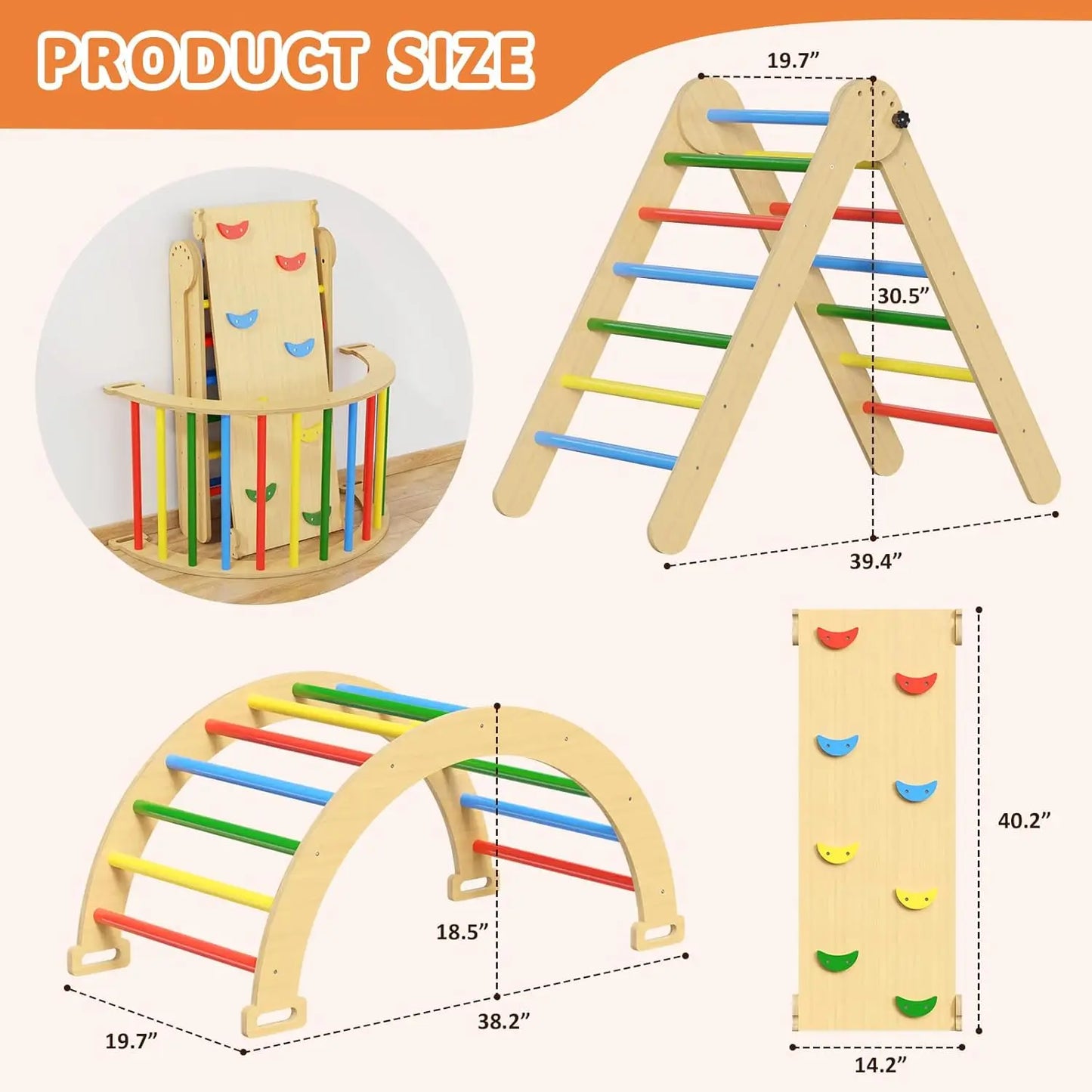 7 in 1 Pikler Triangle Set, Wooden Montessori Toddler Climbing Toys Indoor, Foldable Climbing Toys for Toddlers 1-3 Inside, 3 Pi