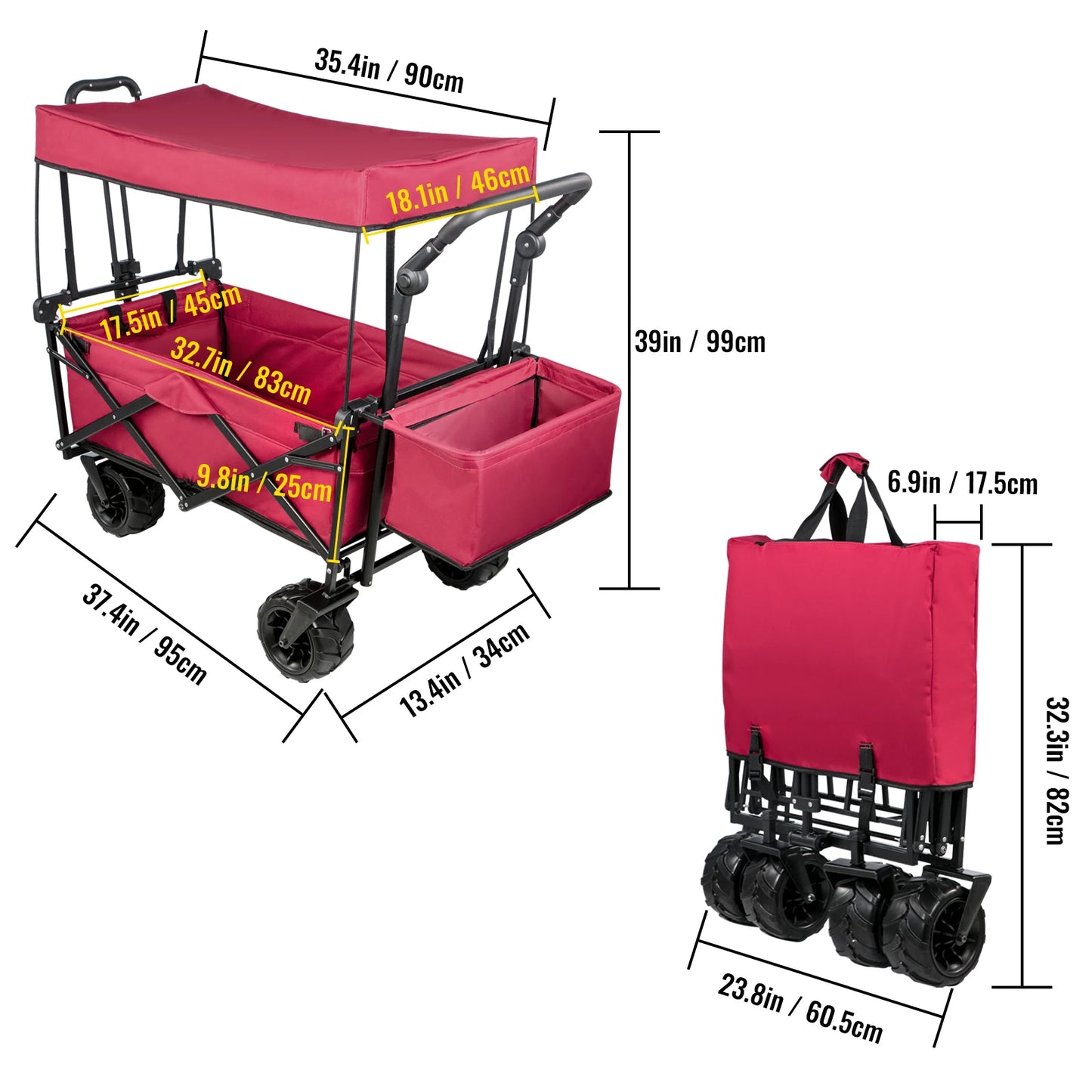 Folding Wagon Cart Adjustable Handle Bar Removable Canopy Oxford Cloth Collapsible Shopping Outdoor Camping Beach Cart