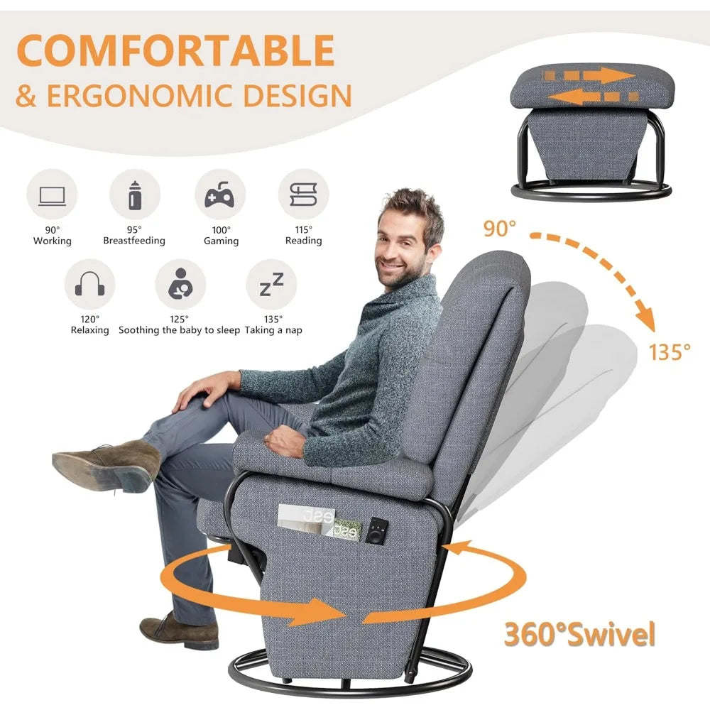360° Swivel Recliner Chair with Ottoman & Double Side Pockets, Nursing Glider Rocking Recliner Chair, Gliding Chairs for Nurser