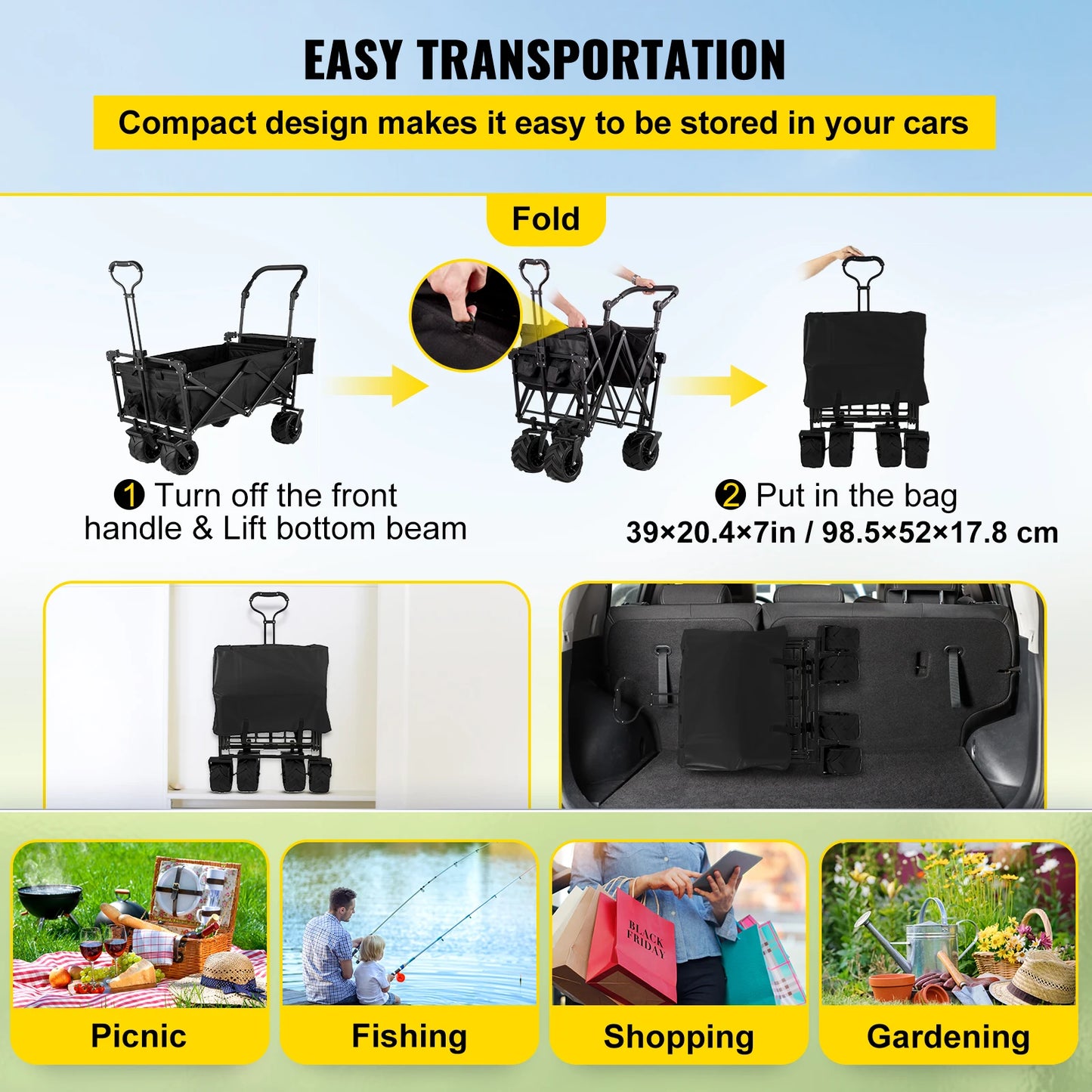 Folding Wagon Cart Adjustable Handle Bar Removable Canopy Oxford Cloth Collapsible Shopping Outdoor Camping Beach Cart