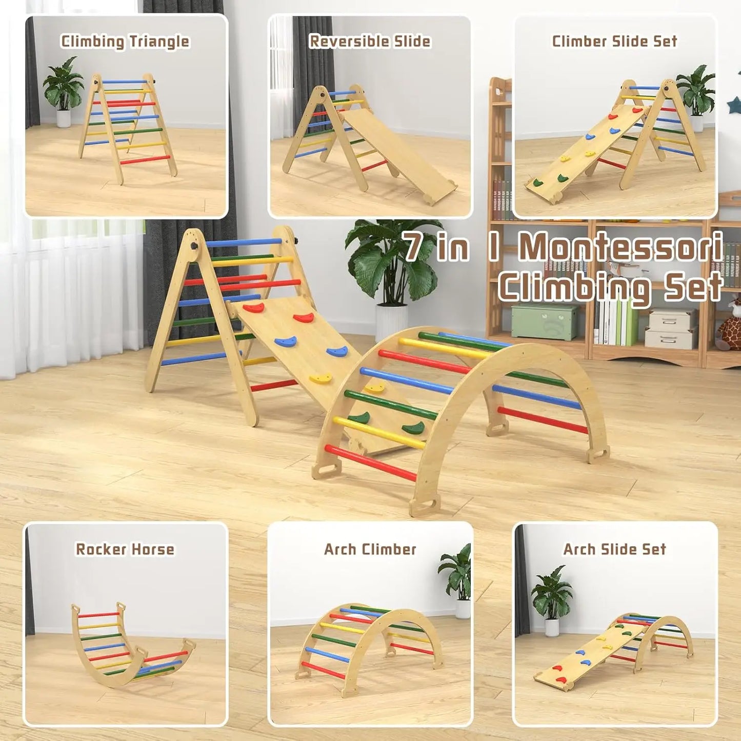 7 in 1 Pikler Triangle Set, Wooden Montessori Toddler Climbing Toys Indoor, Foldable Climbing Toys for Toddlers 1-3 Inside, 3 Pi