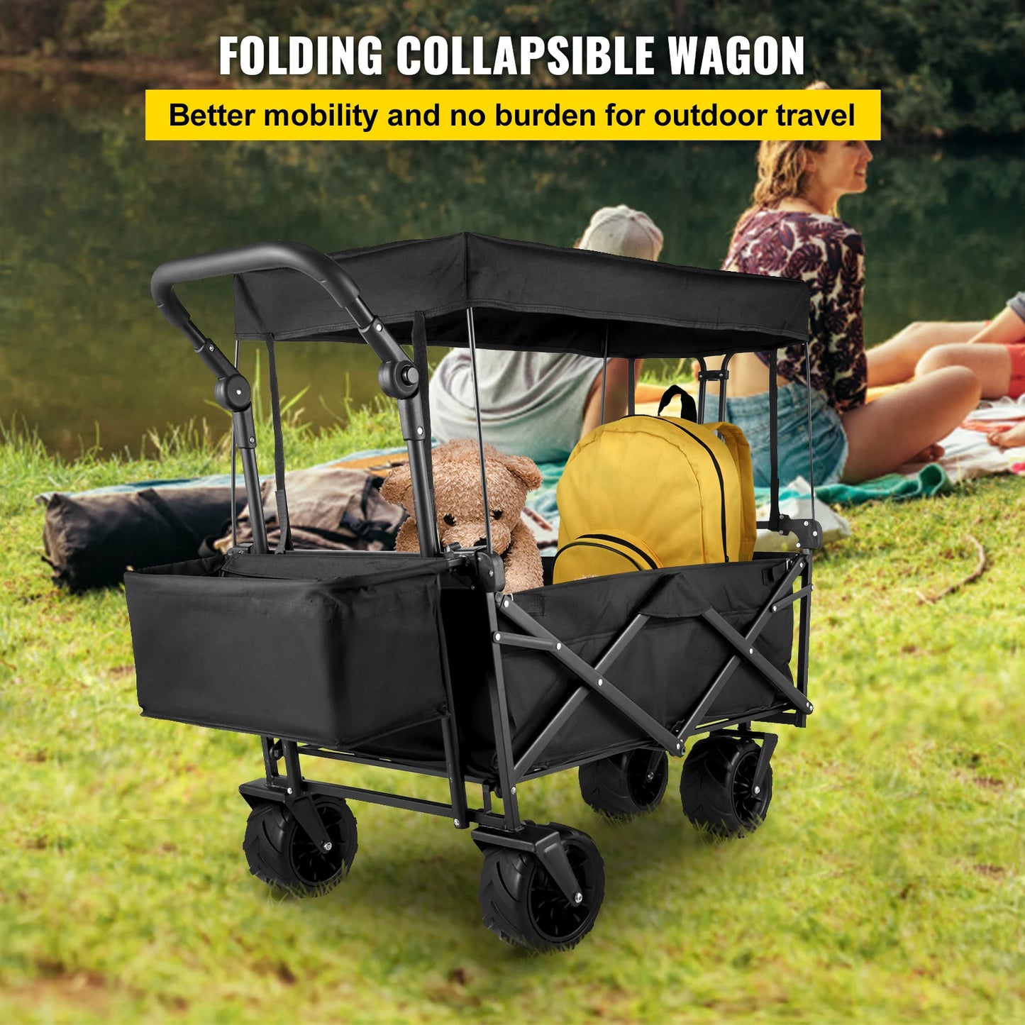 Folding Wagon Cart Adjustable Handle Bar Removable Canopy Oxford Cloth Collapsible Shopping Outdoor Camping Beach Cart