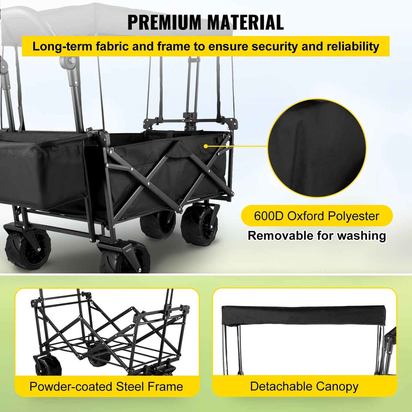 Folding Wagon Cart Adjustable Handle Bar Removable Canopy Oxford Cloth Collapsible Shopping Outdoor Camping Beach Cart