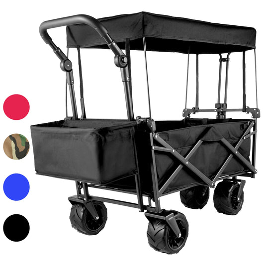 Folding Wagon Cart Adjustable Handle Bar Removable Canopy Oxford Cloth Collapsible Shopping Outdoor Camping Beach Cart