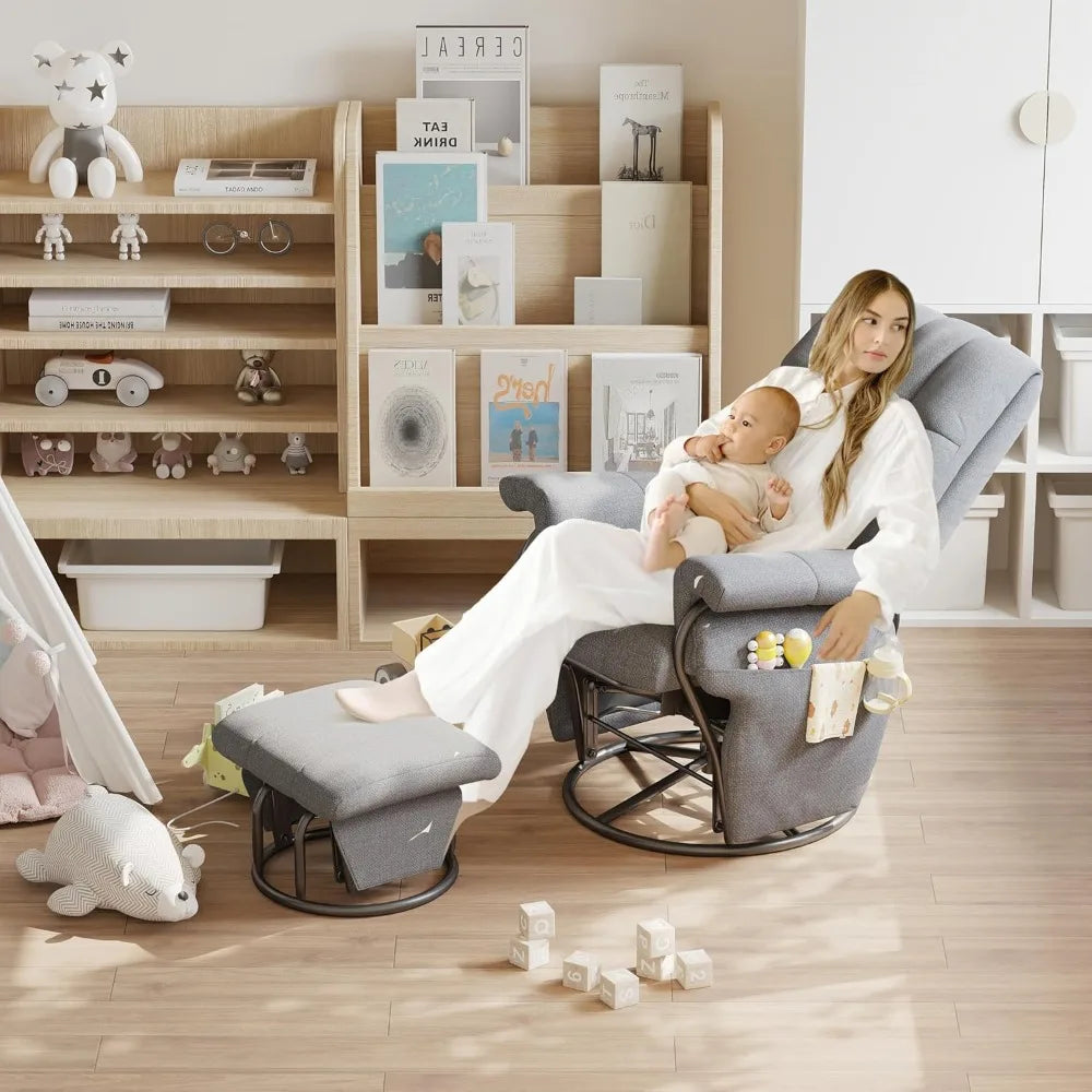 360° Swivel Recliner Chair with Ottoman & Double Side Pockets, Nursing Glider Rocking Recliner Chair, Gliding Chairs for Nurser