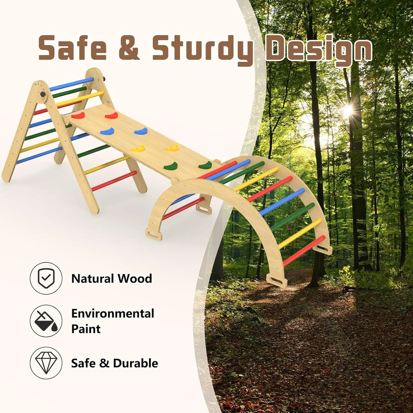 7 in 1 Pikler Triangle Set, Wooden Montessori Toddler Climbing Toys Indoor, Foldable Climbing Toys for Toddlers 1-3 Inside, 3 Pi