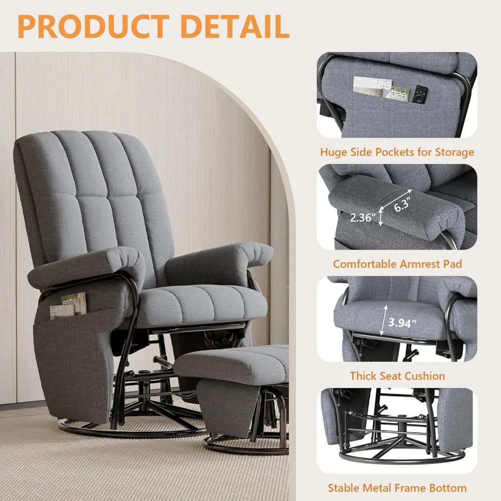 360° Swivel Recliner Chair with Ottoman & Double Side Pockets, Nursing Glider Rocking Recliner Chair, Gliding Chairs for Nurser