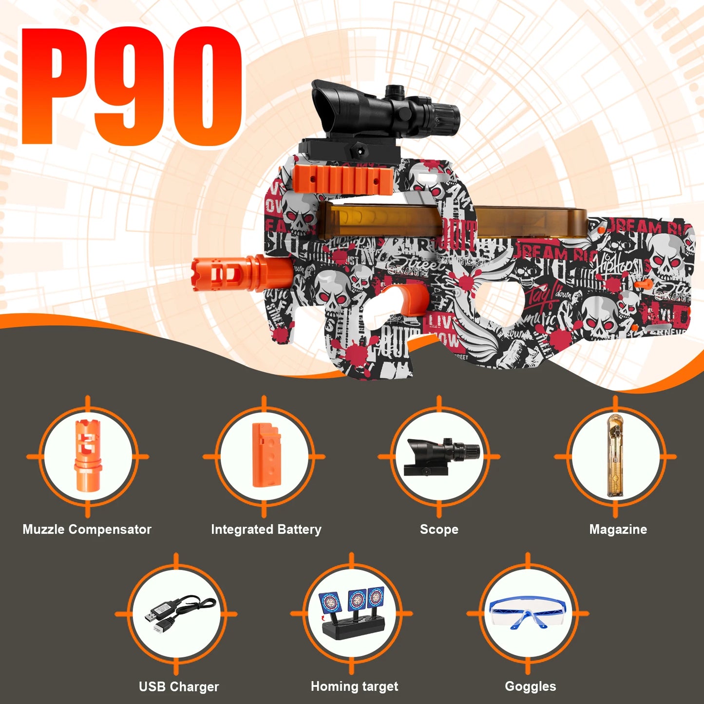 High Speed P90 Electric Gel Balls Gun Toys, Automatic & Manual Dual Modes Water Bullets Blaster, Outdoor Shooting Games, Gitts